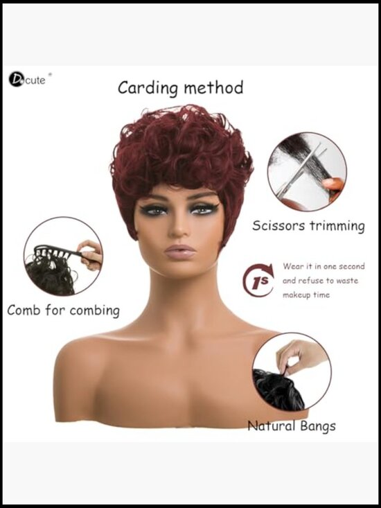 Short Curly Pixie Wig with Bangs Layered Wine Red Synthetic Heat Resistant Wig main image 5